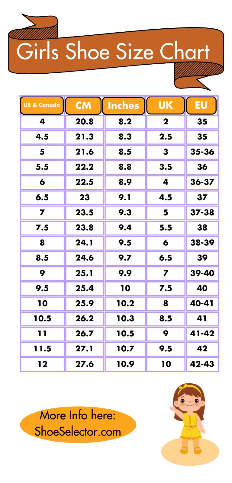 Girls Shoe Size Chart by Age And Measuring Guides 2023